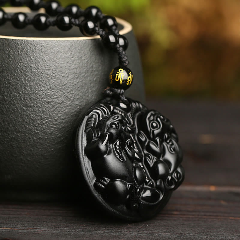 KarmaRipple's Black Obsidian Double Pixiu Bead Rope Purification Pendant Necklace p6