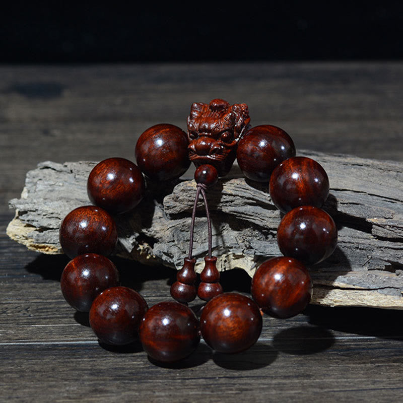KarmaRipple's Rosewood Green Sandalwood Small Leaf Red Sandalwood Agarwood Dragon Carved Protection Bracelet p15