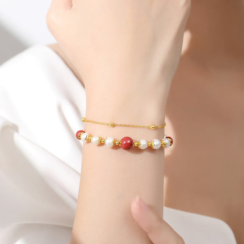 KarmaRipple's 925 Sterling Silver Pearl Cinnabar Wisdom Bead Double Layer Chain Bracelet p3