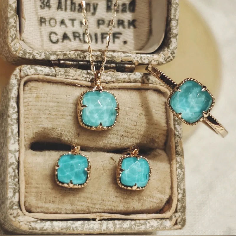 KarmaRipple's 925 Sterling Silver Plated Gold Turquoise Protection Ring Earrings Pendant Necklace Set p10