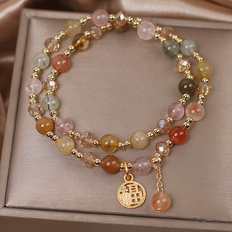 KarmaRipple's Multicolored Rutilated Quartz Fu Character Auspiciousness Bracelet p2