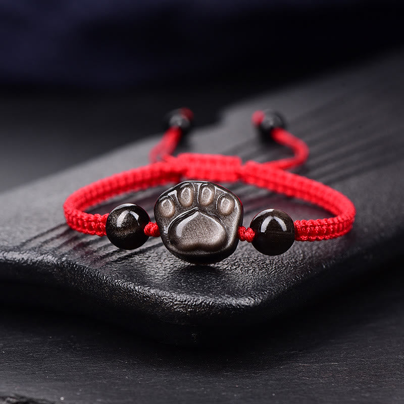 KarmaRipple's Authentic Silver Sheen Obsidian Gold Sheen Obsidian Cute Cat Paw Claw Protection Rope Bracelet p1