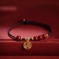 KarmaRipple's Cinnabar Bead Fu Character Talisman Blessing Woven String Bracelet