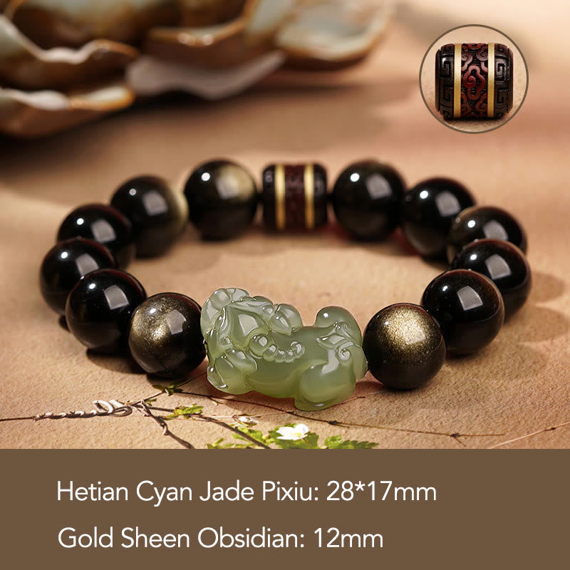 KarmaRipple's Authentic Gold Sheen Obsidian Hetian Cyan Jade Ivory Jade PiXiu Wealth Bracelet p2
