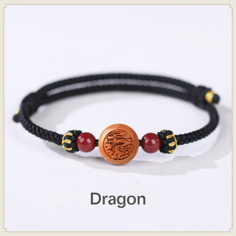 KarmaRipple's Authentic Peach Wood Chinese Zodiac Fu Character Carved Cinnabar Wealth Bracelet p45
