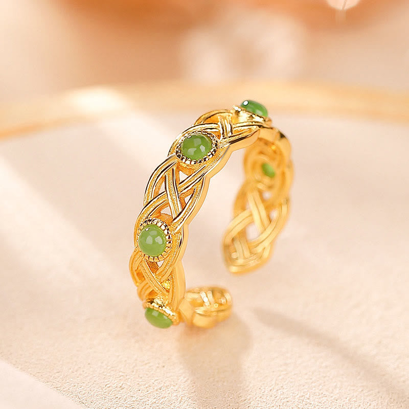 KarmaRipple's 925 Sterling Silver Plated Gold Cyan Jade Woven Design Success Fortune Adjustable Ring p1