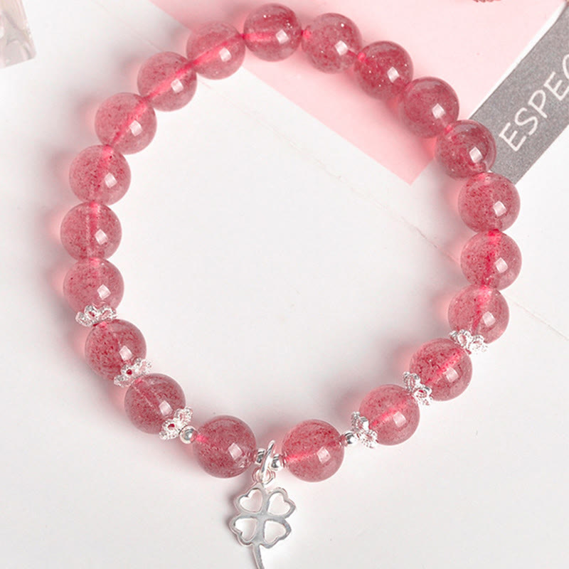 KarmaRipple's 925 Sterling Silver Strawberry Quartz Four Leaf Clover Love Bracelet p5