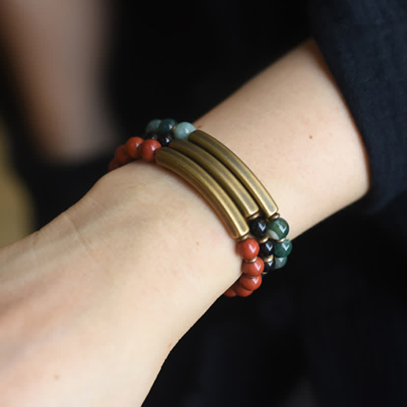KarmaRipple's Red Jasper Moss Agate Black Obsidian Gemstone Bronze Peace Pair Bracelet p20