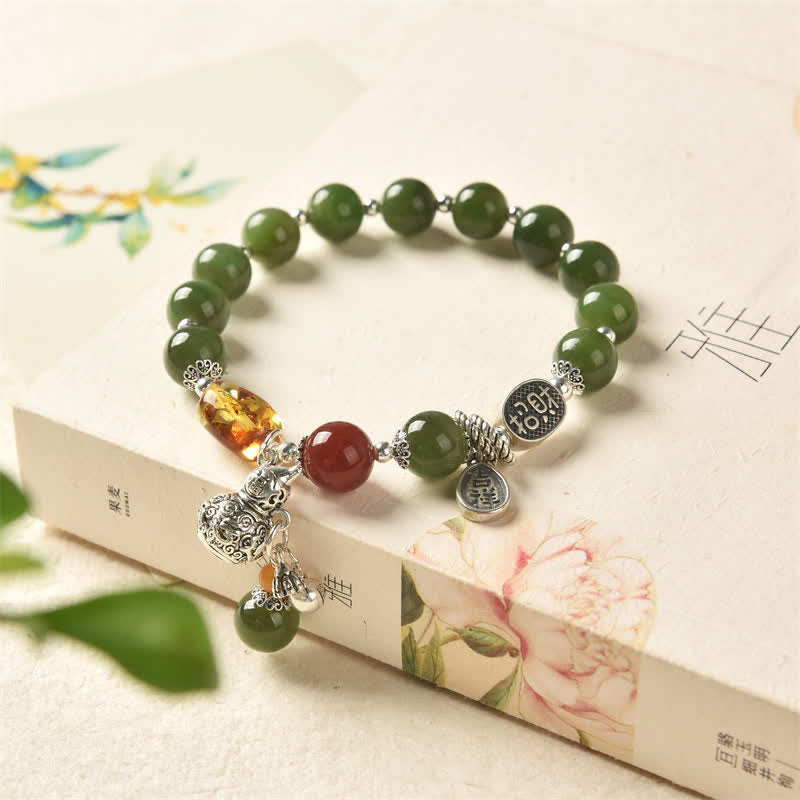 KarmaRipple's 925 Sterling Silver Hetian Cyan Jade Gourd Amber Success Bracelet p1