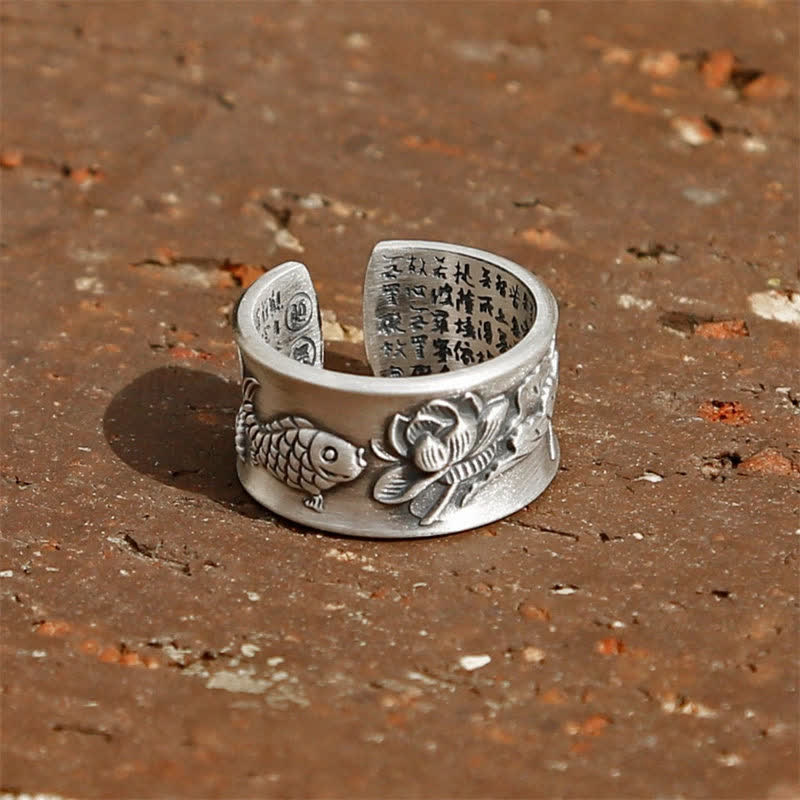 KarmaRipple's 999 Sterling Silver Fortune Koi Fish Lotus Heart Sutra Wealth Ring p12