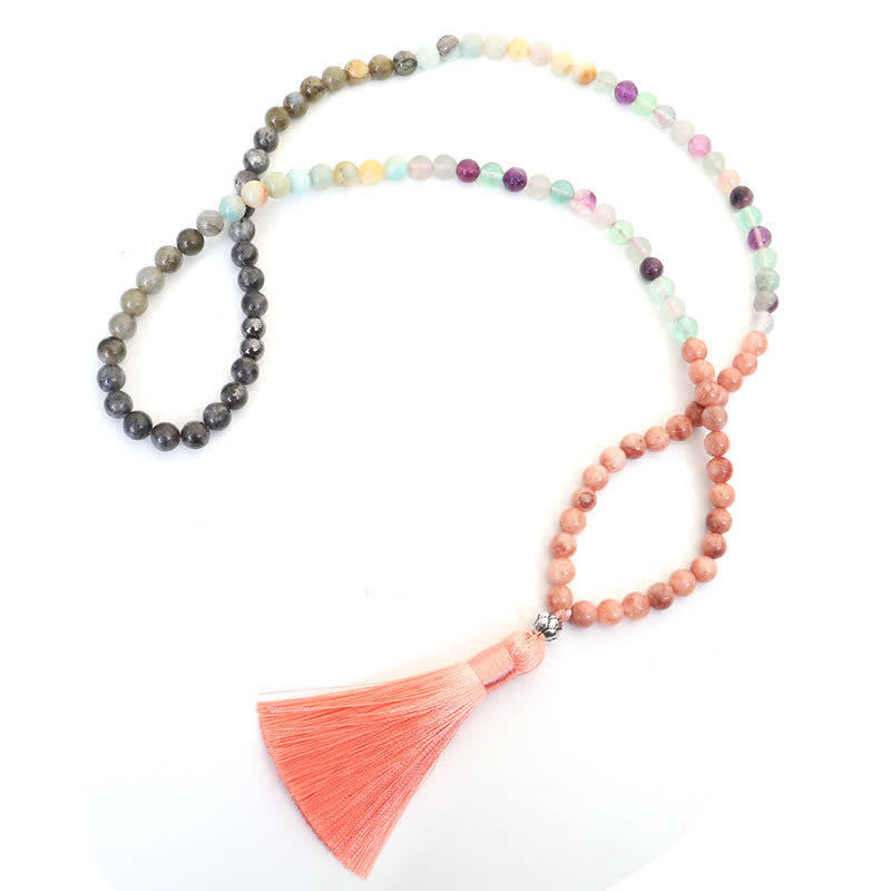 KarmaRipple's 108 Mala Beadwork Fluorite Black Glitter Stone Protection Tassel Bracelet ( p23