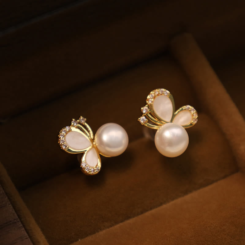 KarmaRipple's 925 Sterling Silver Posts 18K Gold Plated Bronze Authentic Pearl Butterfly Zircon Balancing Stud Earrings p1