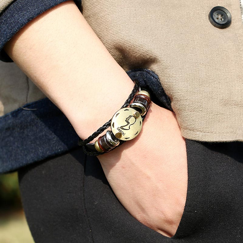 KarmaRipple's 12 Constellations of the Zodiac Hematite Leather Talisman Bracelet ( p15
