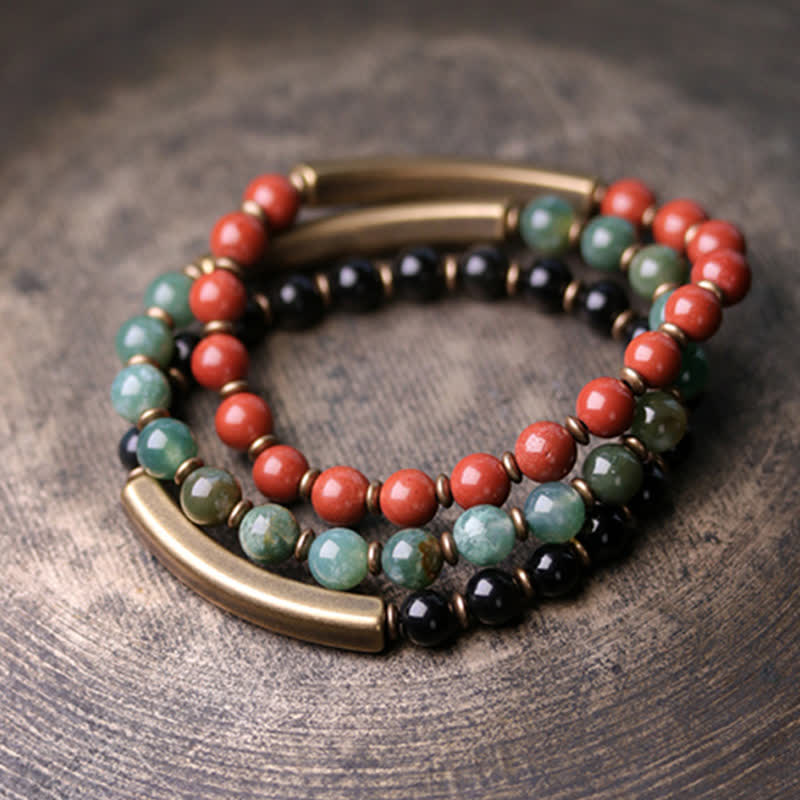KarmaRipple's Red Jasper Moss Agate Black Obsidian Gemstone Bronze Peace Pair Bracelet p17