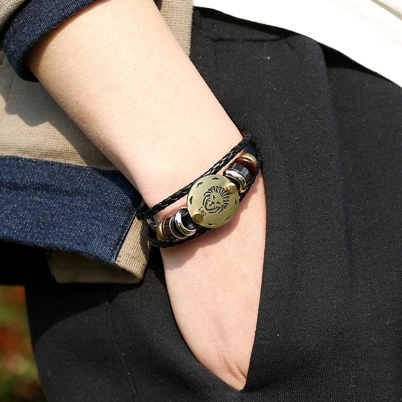 KarmaRipple's 12 Constellations of the Zodiac Hematite Leather Talisman Bracelet ( p11