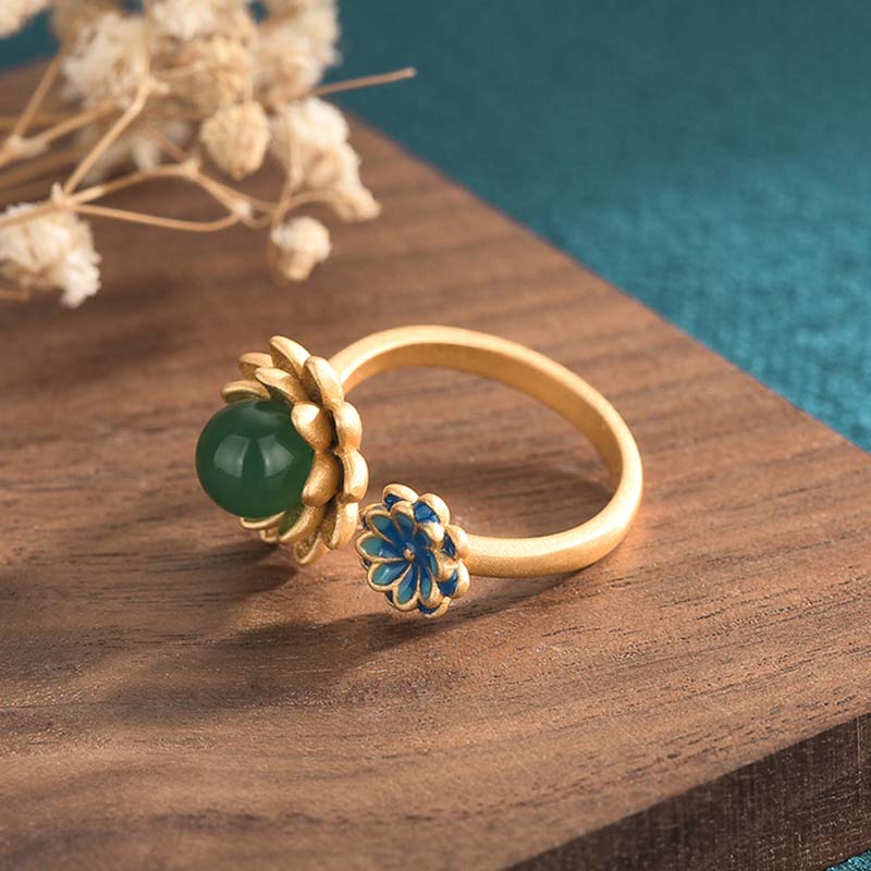 KarmaRipple's Lotus Pattern Jade Abundance Adjustable Ring p3