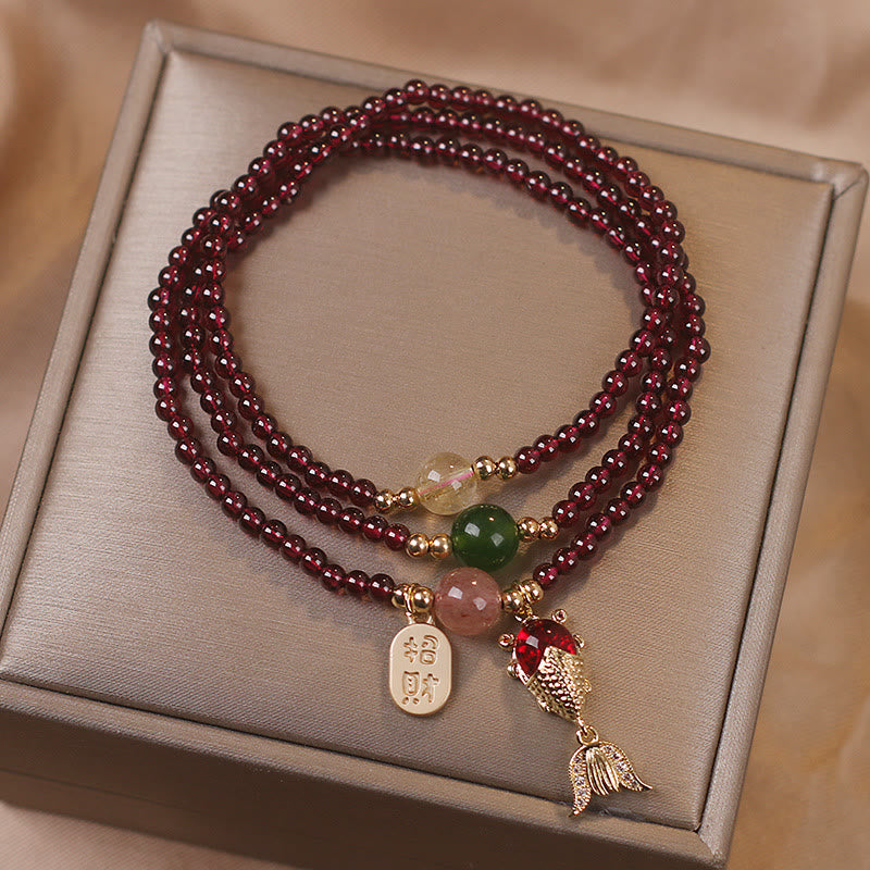 KarmaRipple's Authentic Garnet Strawberry Quartz Gemstone Fox Koi Fish Peace Buckle Fortune Protection Triple Wrap Bracelet p9