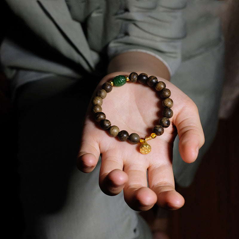 KarmaRipple's 999 Gold Brunei Agarwood Cyan Jade Lotus Flower Peace Strength Bracelet p7