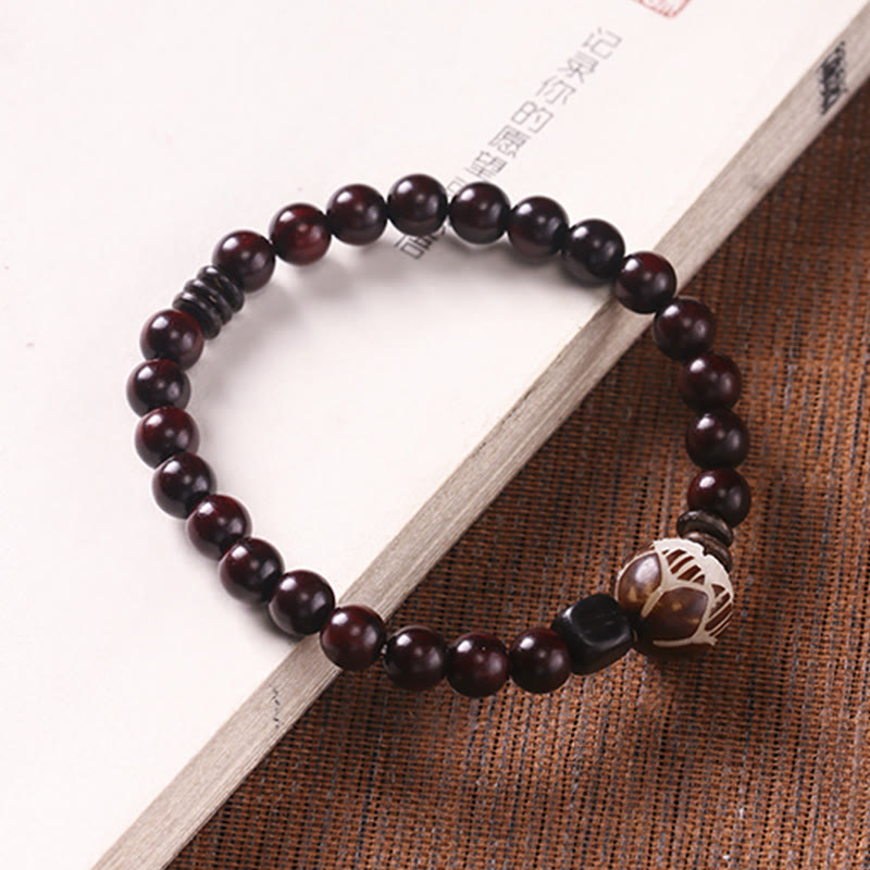 KarmaRipple's Small Leaf Red Sandalwood Lotus Bodhi Seed Carved Protection Double Wrap Bracelet p17