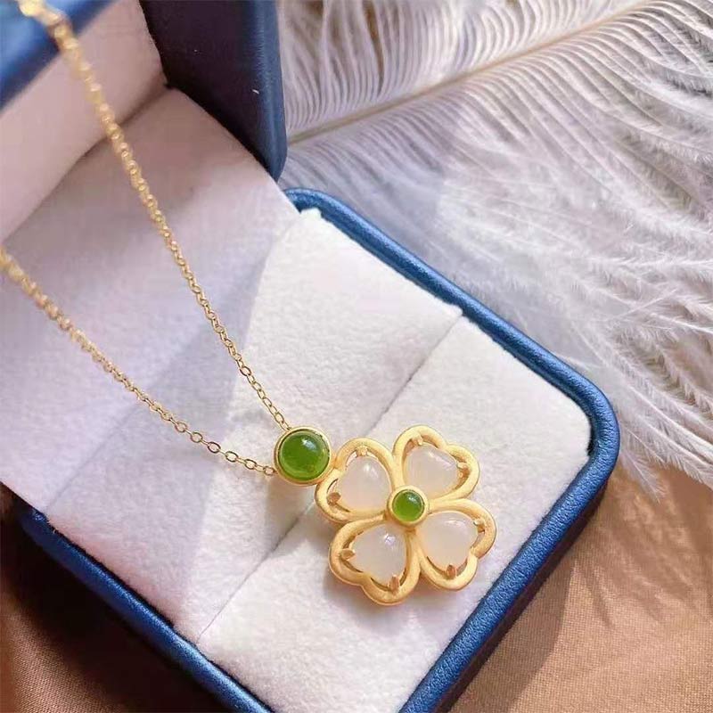 KarmaRipple's 925 Sterling Silver Fortunate Four Leaf Clover Jade Prosperity Pendant Chain Necklace p2