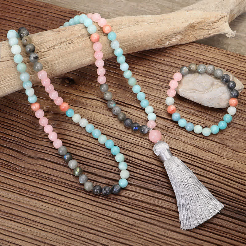 KarmaRipple's 108 Mala Beadwork Amazonite Black Glitter Stone'sitive Tassel Bracelet ( p4