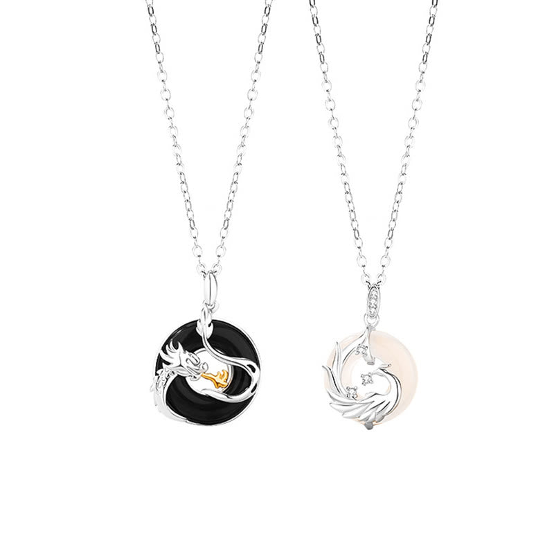 KarmaRipple's 925 Sterling Silver Year of the Dragon Authentic Black Onyx Chalcedony Dragon Phoenix Peace Buckle Protection Pendant Necklace p9