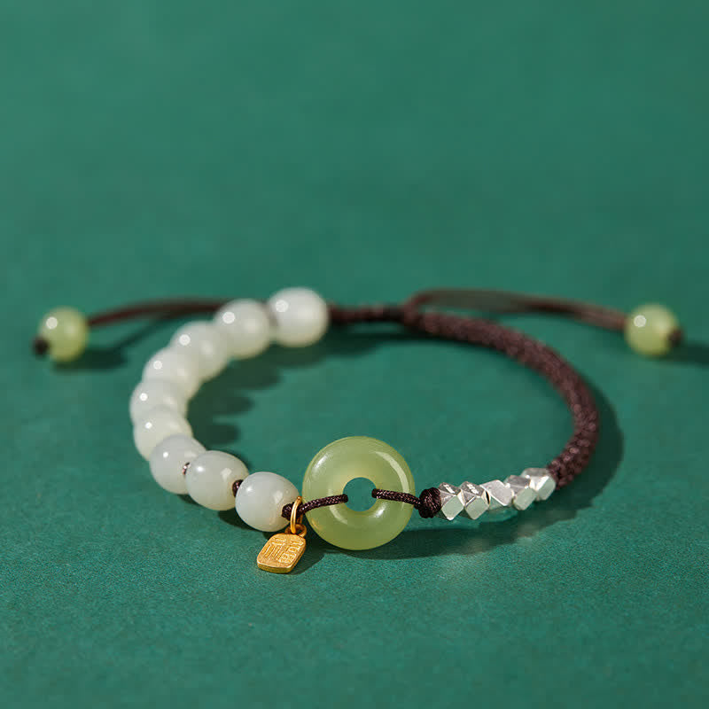 KarmaRipple's 925 Sterling Silver Hetian Jade Peace Buckle Beaded Fortune Happiness Talisman Bracelet p27