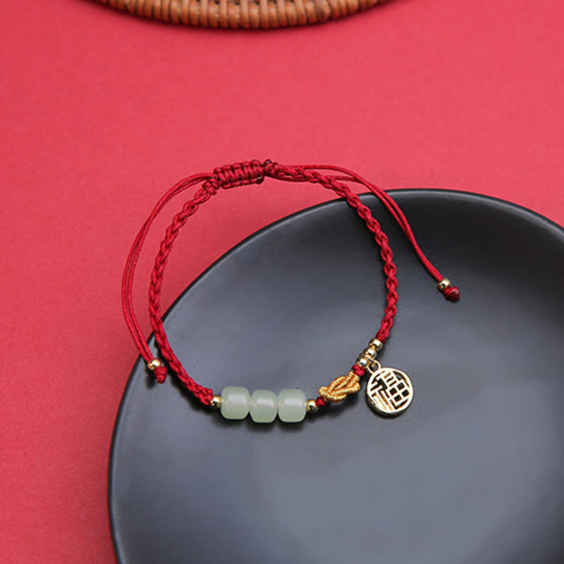 KarmaRipple's Handcrafted Jade Bead Fu Character Talisman Fortune Red Rope Bracelet p14