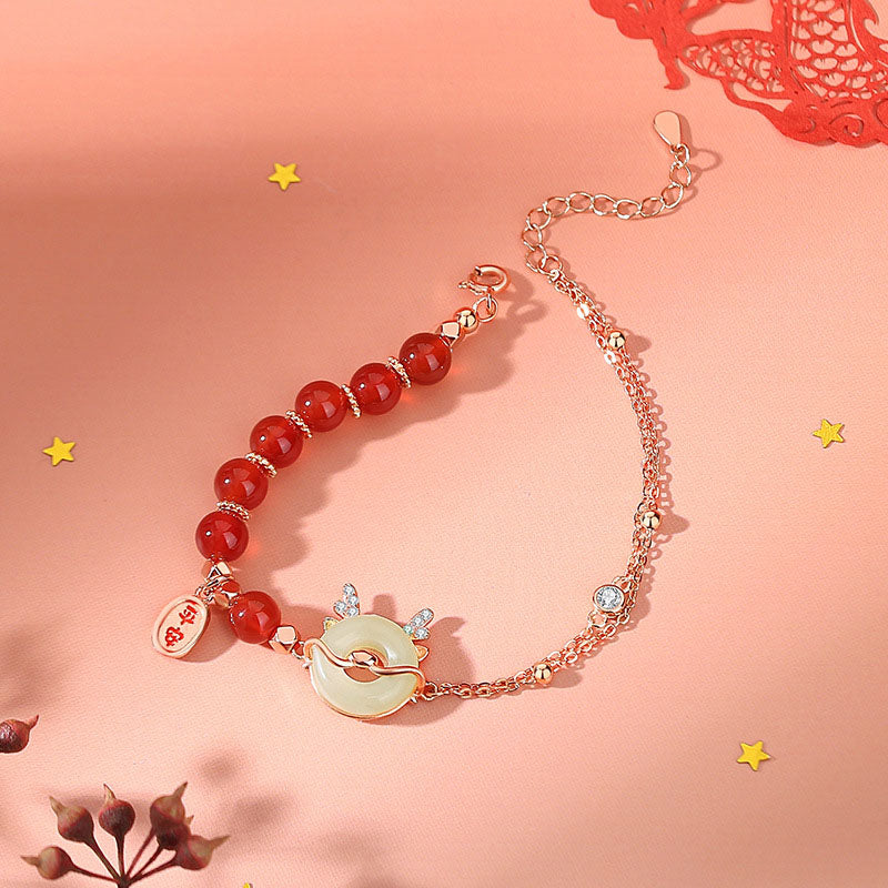 KarmaRipple's 925 Sterling Silver Year of the Dragon Authentic Red Agate Hetian Jade Peace Buckle Fortune Success Bracelet ( p3