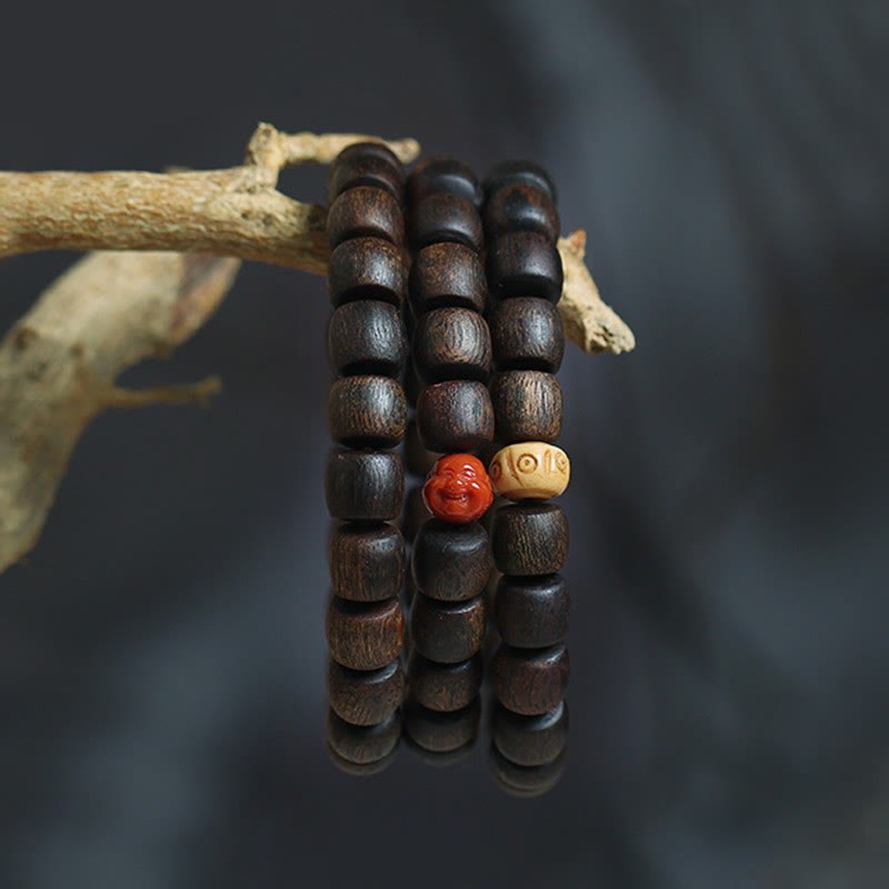 KarmaRipple's Nha Trang Rare Bai Qinan Agarwood Cyan Jade Red Agate Laughing Buddha Tibetan Bone Strength Meditation Bracelet p5