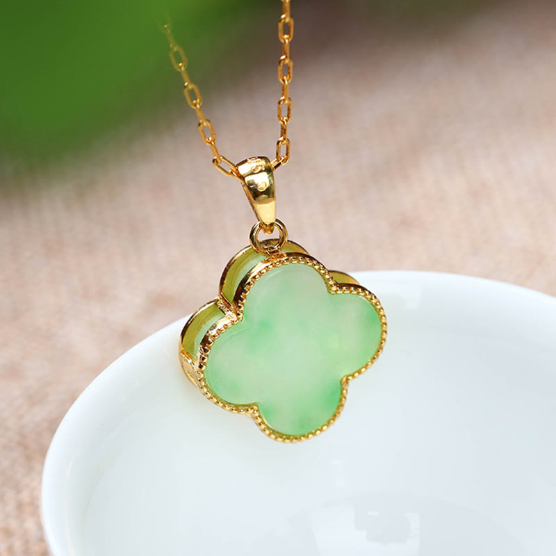 KarmaRipple's Four Leaf Clover Jade Pattern Fortune Pendant Necklace p1