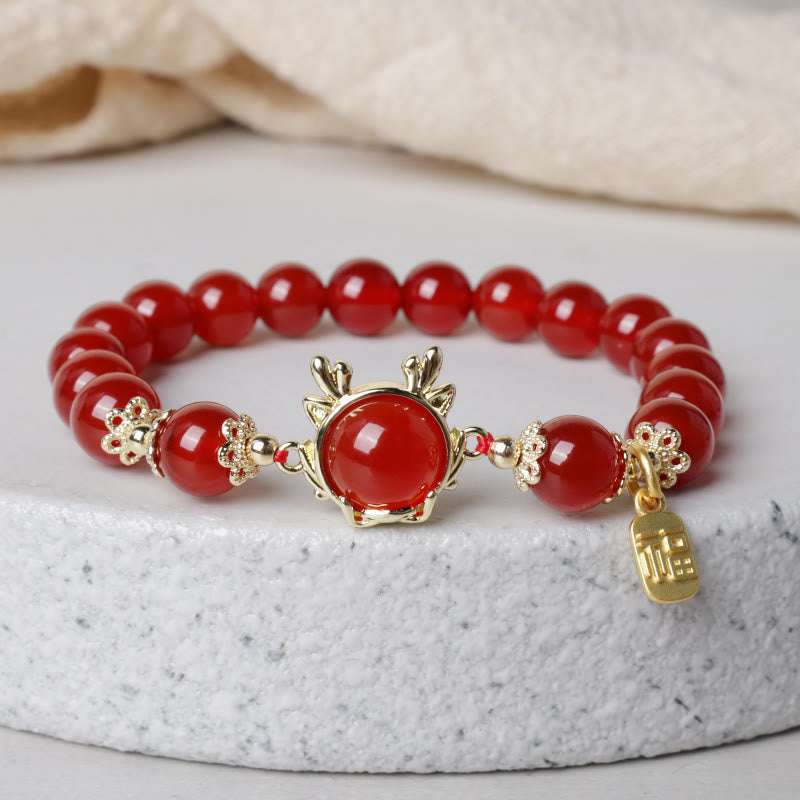 KarmaRipple's Year of the Dragon Red Agate Jade Peace Buckle Fu Character Success Bracelet ( p2