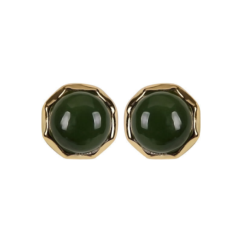 KarmaRipple's 925 Sterling Silver Plated Gold Authentic Hetian Cyan Jade Bead Fortune Stud Earrings p9