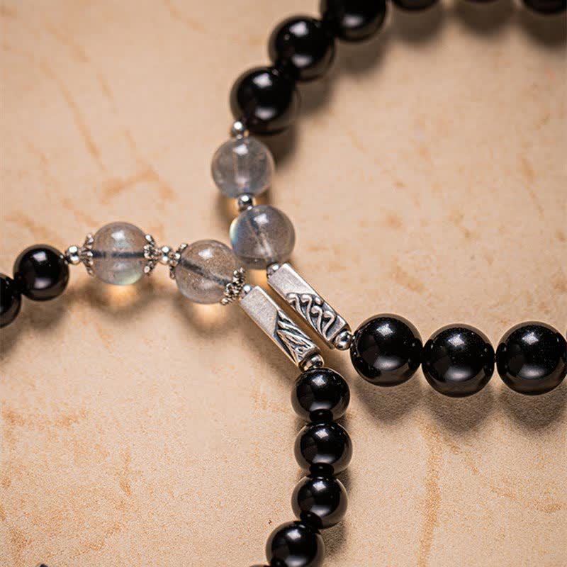 KarmaRipple's 925 Sterling Silver Obsidian Moonstone Strength Pair Bracelet p17