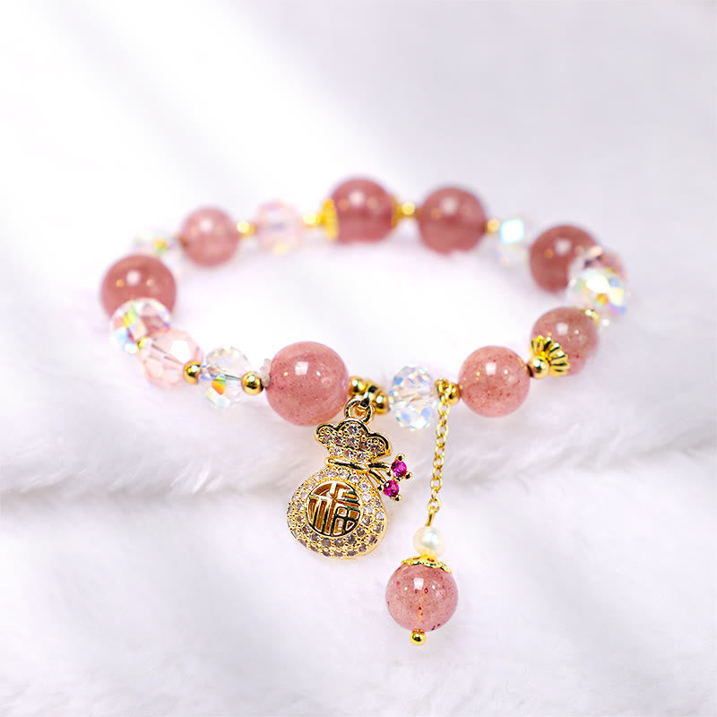 KarmaRipple's Authentic Strawberry Quartz Gemstone Money Bag Talisman Positive Bracelet p9