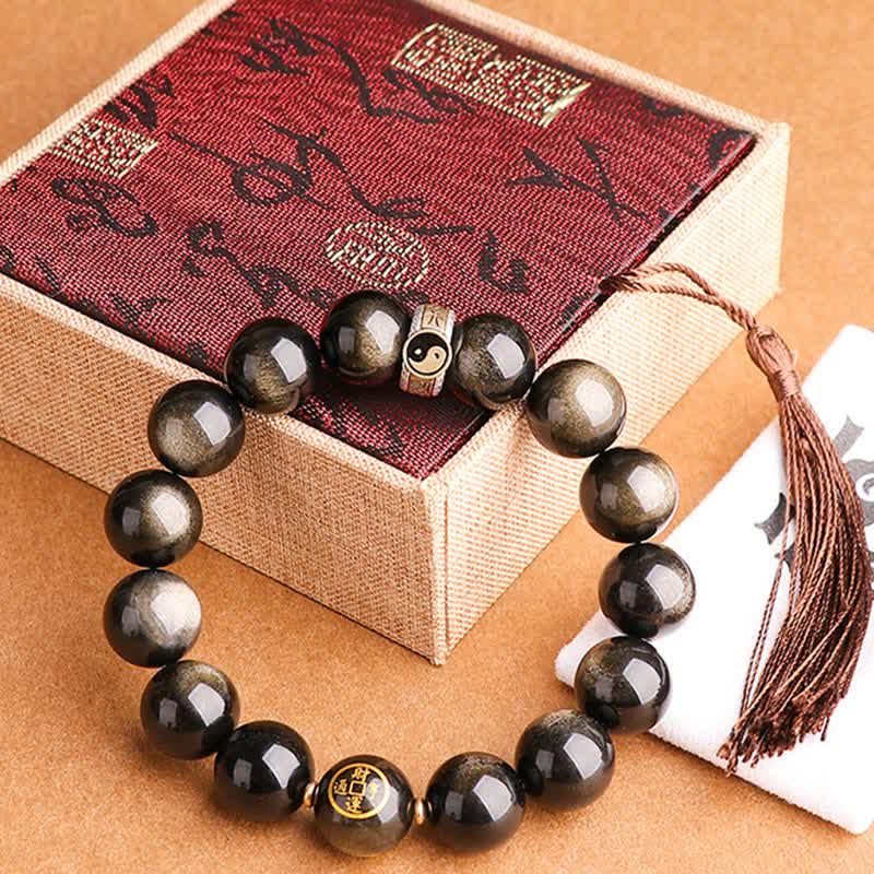 KarmaRipple's 925 Sterling Silver Black Obsidian Gold Sheen Obsidian Silver Sheen Obsidian Yin Yang Protection Bracelet p14