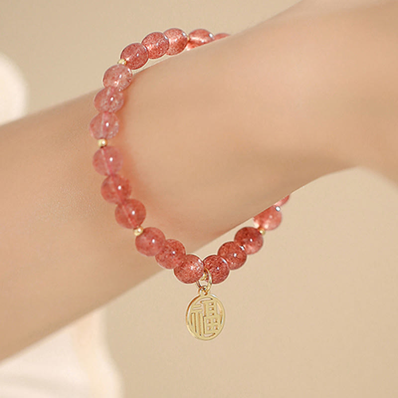 KarmaRipple's 14K Gold Plated Strawberry Quartz Fu Character Balancing Talisman Bracelet p13