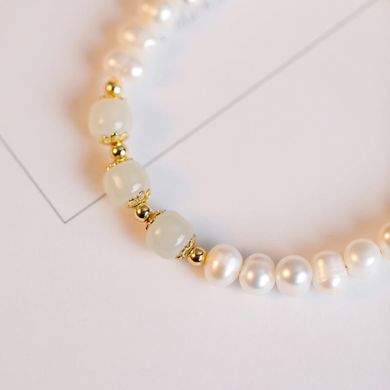 KarmaRipple's 14K Gold Plated Authentic Pearl Hetian Cyan Jade Ivory Jade Sincerity Bead Chain Bracelet p15