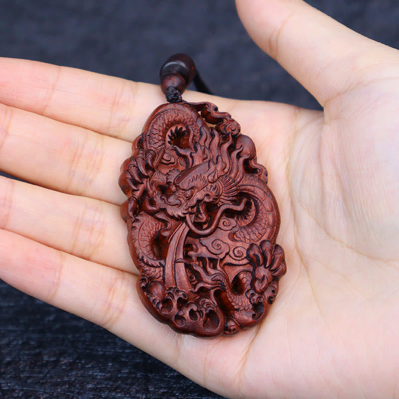 KarmaRipple's Lightning Struck Jujube Wood Double Dragon Relief Ward Off Evil Spirits Pendant Necklace p11
