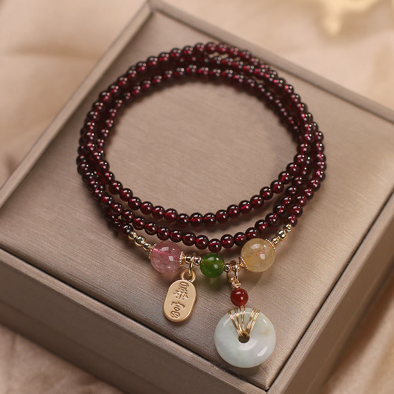 KarmaRipple's Authentic Garnet Strawberry Quartz Gemstone Fox Koi Fish Peace Buckle Fortune Protection Triple Wrap Bracelet p15