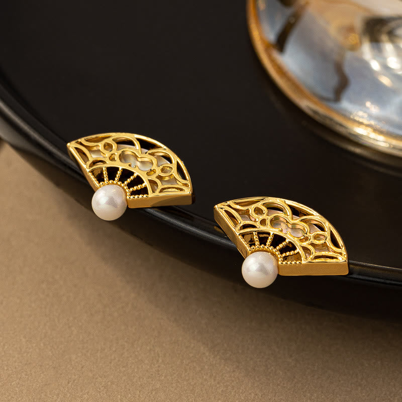 KarmaRipple's 925 Sterling Silver Posts Fan Pattern Pearl Bronze Wisdom Stud Drop Earrings p4