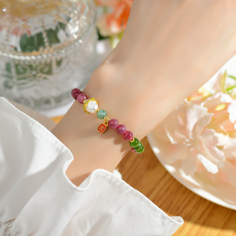 KarmaRipple's Authentic Multicolored Tourmaline Pearl Auspicious Character Talisman Wisdom Bracelet p6
