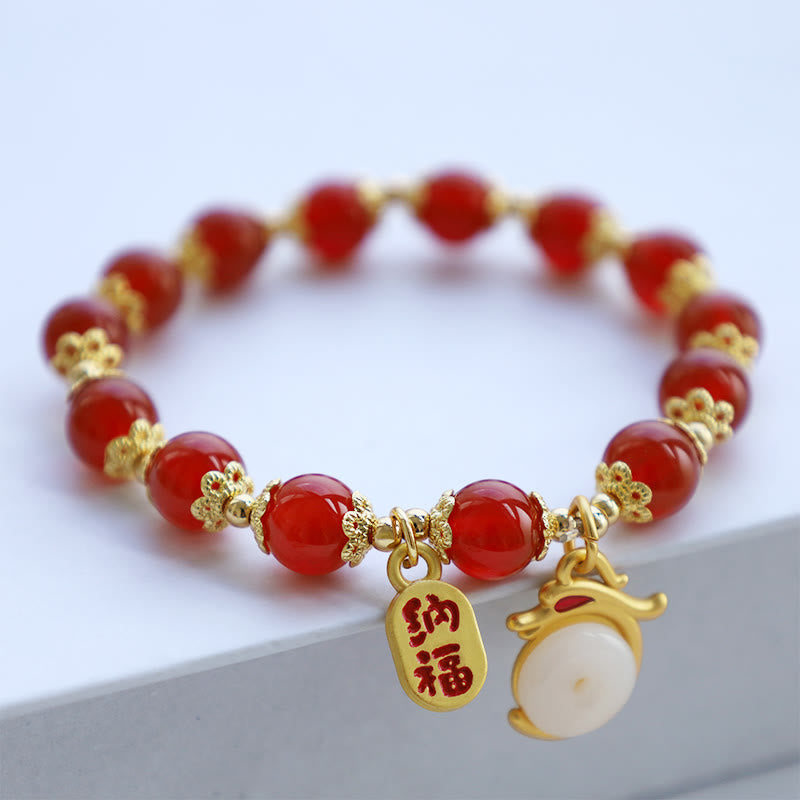 KarmaRipple's Year of the Dragon Red Agate Green Aventurine Peace Buckle Fu Character Fortunate Fortune Bracelet p2