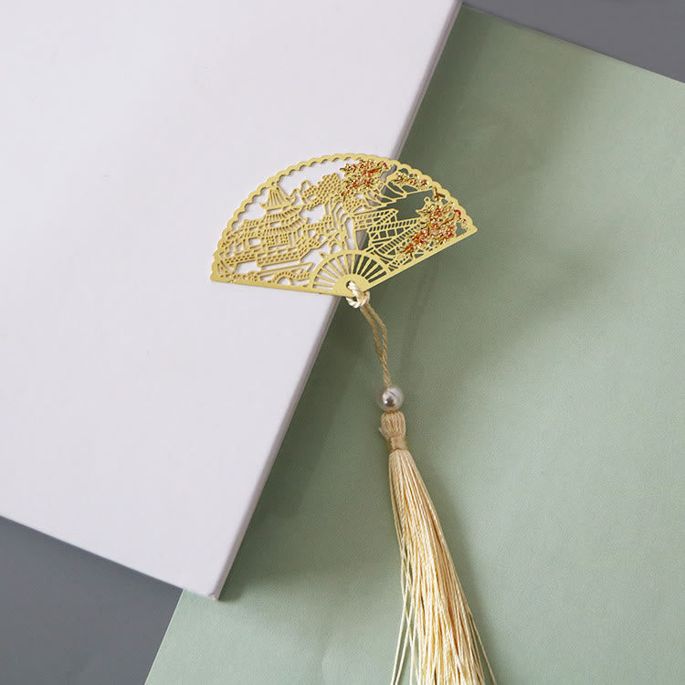KarmaRipple's Traditional Butterfly Lotus Flower Crane Dragon Phoenix Fox Koi Fish New Beginning Metal Brass Hollow Fan Bookmarks p18