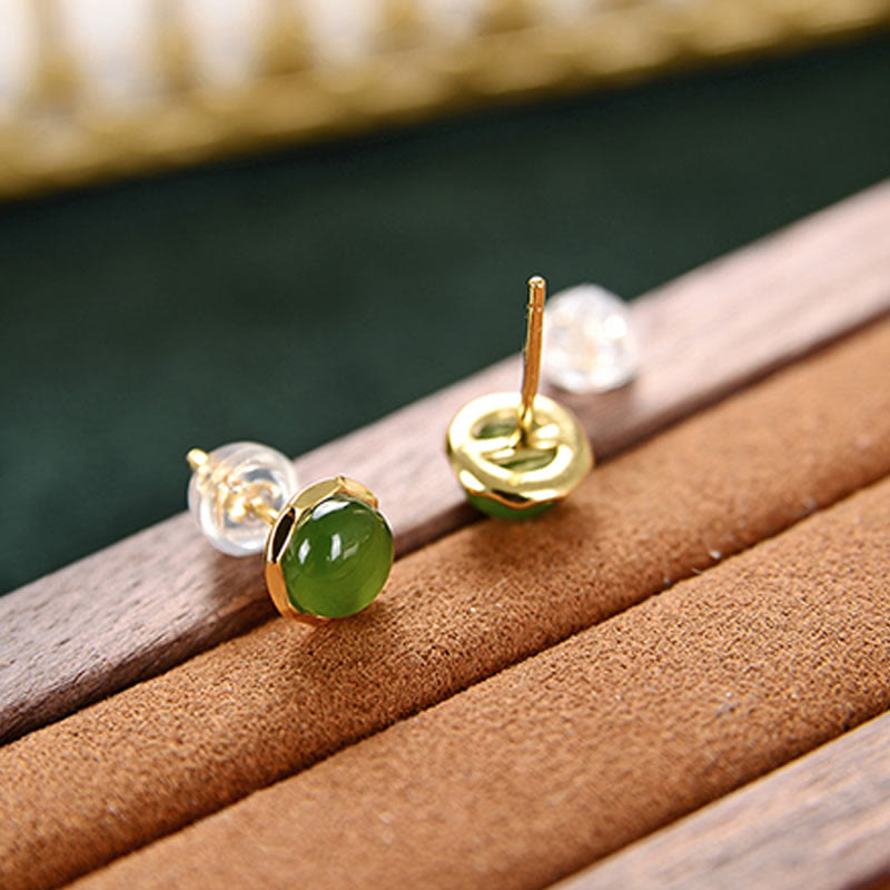 KarmaRipple's 925 Sterling Silver Plated Gold Authentic Hetian Cyan Jade Bead Fortune Stud Earrings p4