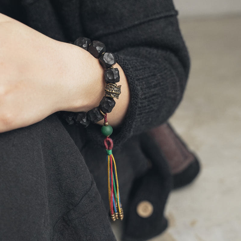 KarmaRipple's Tibet Ebony Wood Bronze Peace Tassel Wrist Mala Bracelet p6