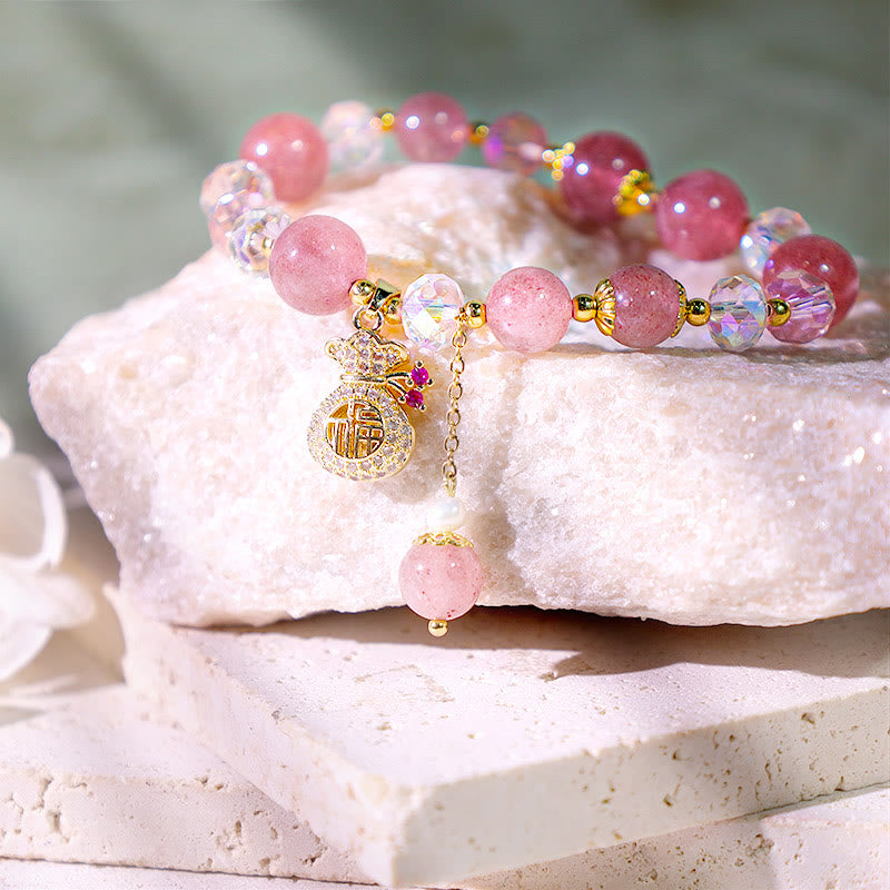 KarmaRipple's Authentic Strawberry Quartz Gemstone Money Bag Talisman Positive Bracelet p10