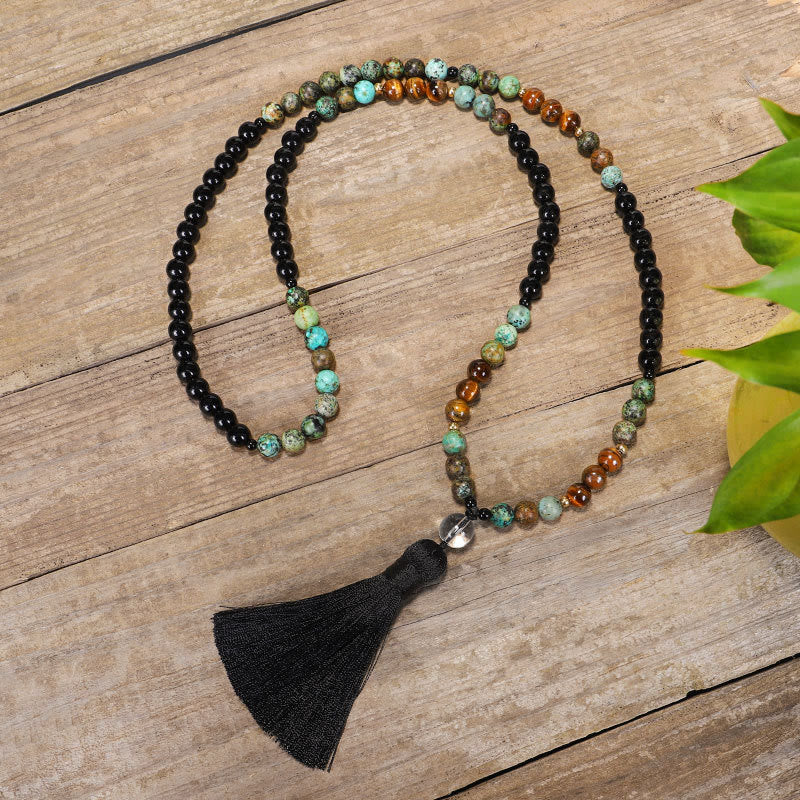 KarmaRipple's 108 Mala Beadwork Authentic Stone Tiger Eye Turquoise Protection Strength Bracelet Pendant p5