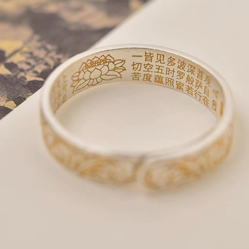 KarmaRipple's KarmaRipple 999 Sterling Silver Gold-Painted Joyful Flower Pattern Peaceful Heart Sutra Ring p15