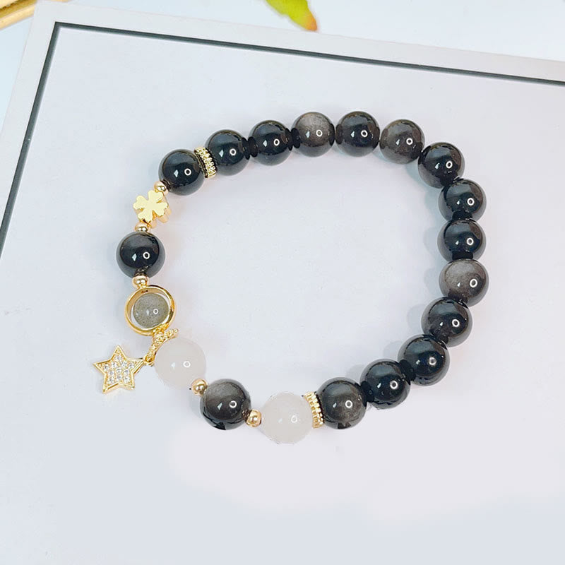 KarmaRipple's Authentic Silver Sheen Obsidian Love Heart Star Flower Protection Bracelet ( p9